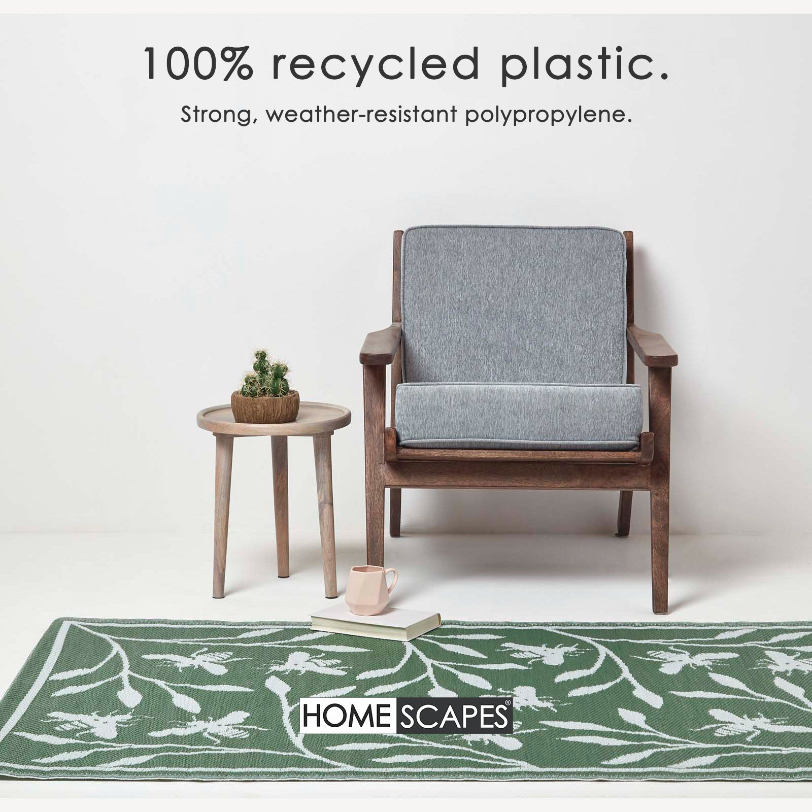 Luxury Outdoor Rug Waterproof Reversible For Garden Patio, Green Floral Bee