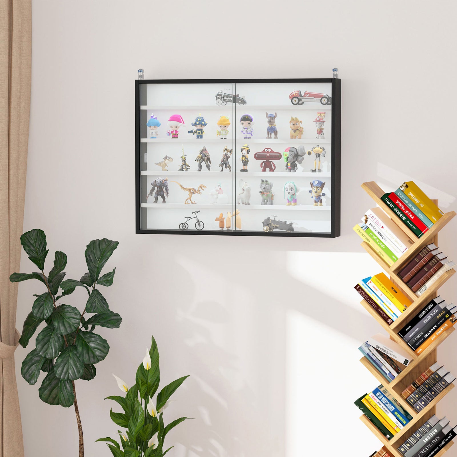 5-tier Wall Display Shelf Unit Cabinet Shelves Glass Doors | One Size | Multi Colour