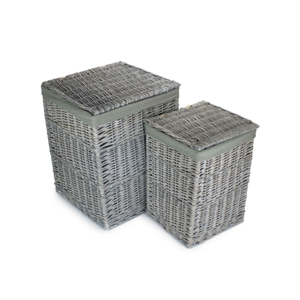 Grey Wash Square Laundry Basket With Grey Sage Lining