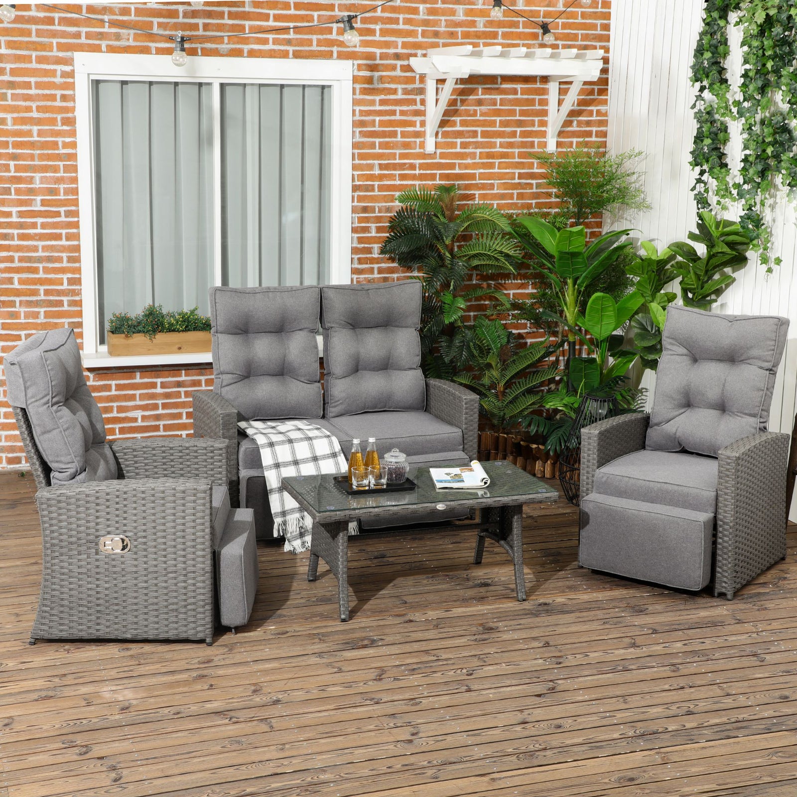 4 Piece Rattan Garden Furniture Set With Sofa, Glass Table | Grey