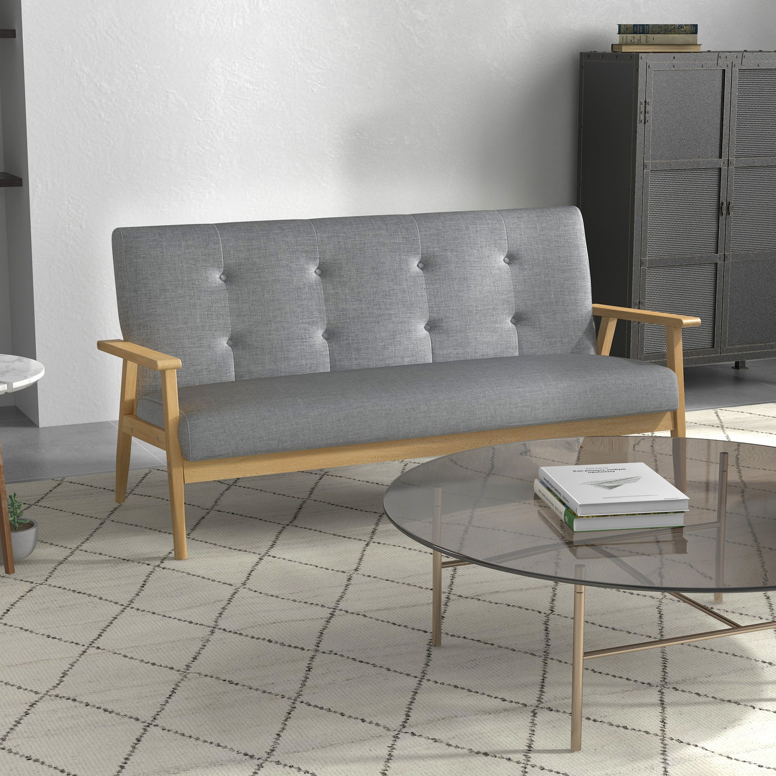 Modern 3 Seater Sofa Upholstery Couch With Rubber Wood Legs