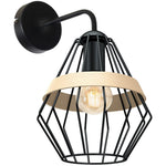 Cliff Black Wall Lamp 1xe27 Hand Made Matt Black Cage Style Lamps With Natural Wood Detail