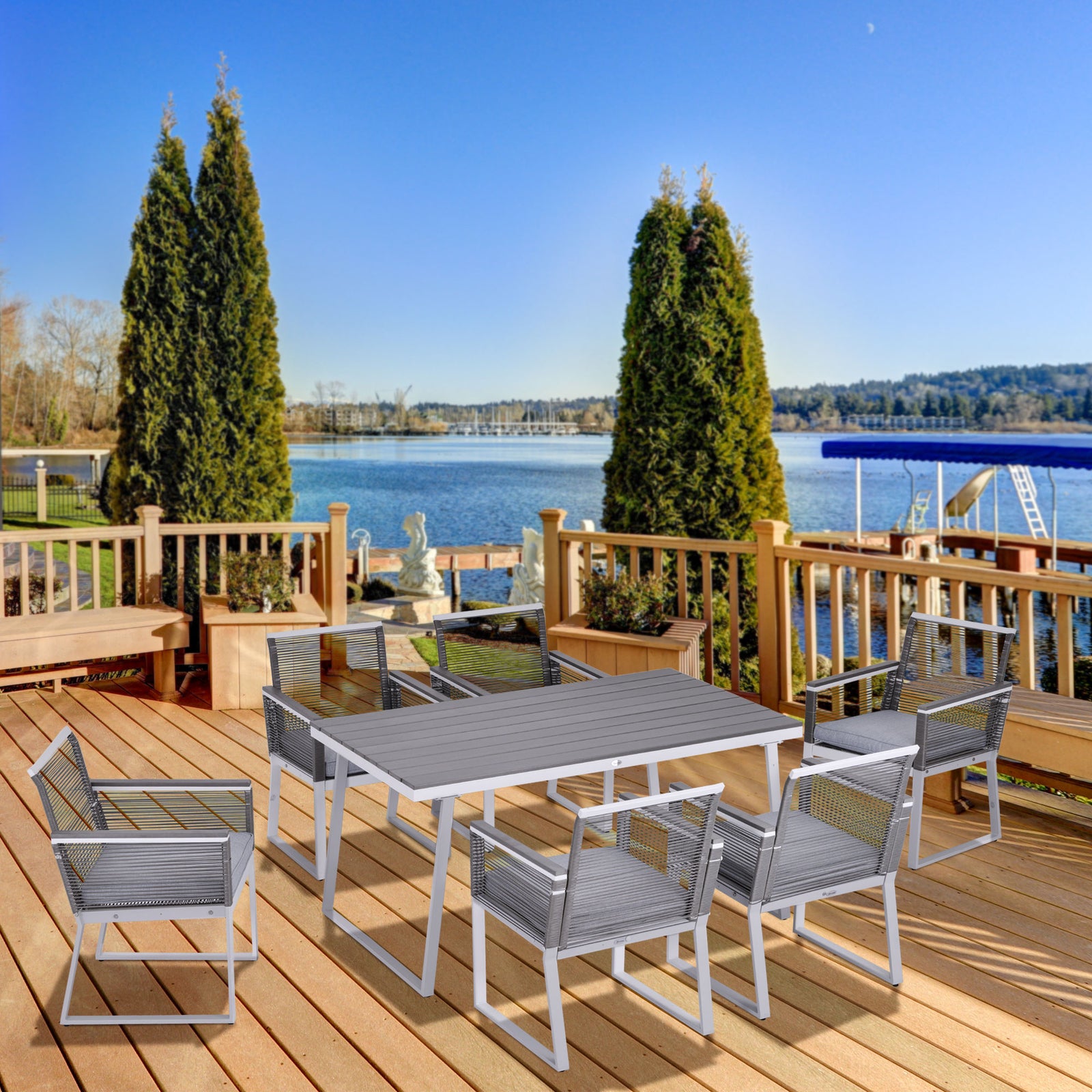 Outsunny 7 Pcs Dining Set With 6 Pe Rattan Chairs & 1 Rectangle Table