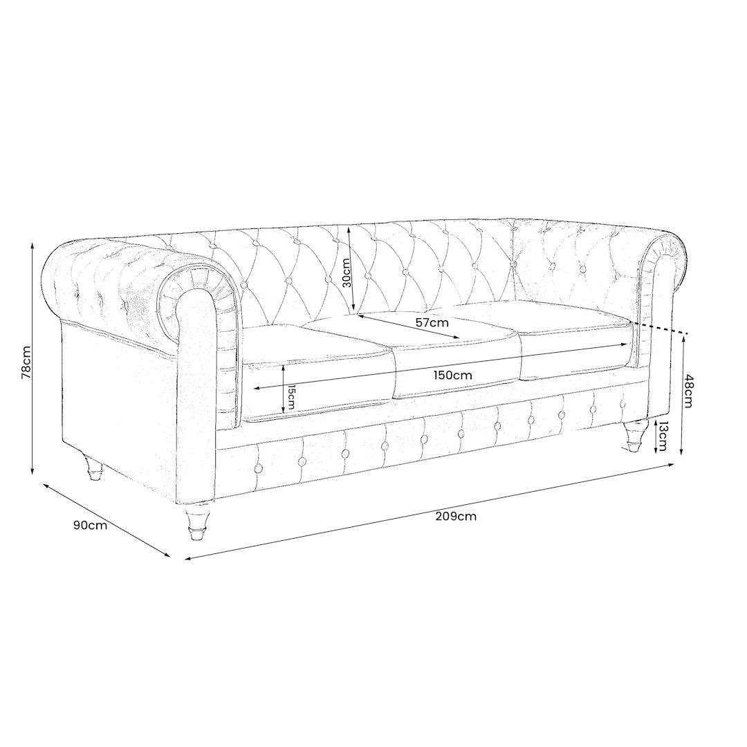 Button Tufted Faux Leather Living Room Sofa - 3 Seater | Grey