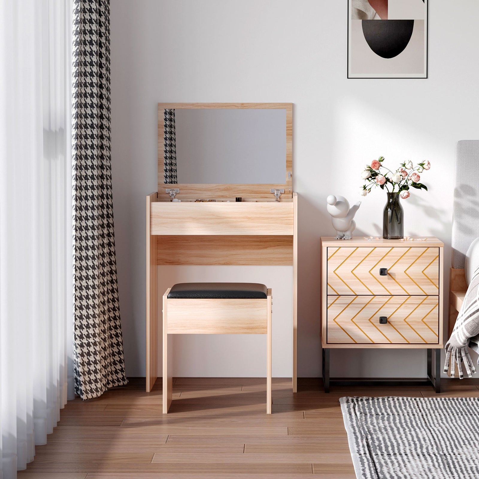 Dressing Table Set Cushioned Stool Flip-up Mirror Chipboard | One Size | Natura