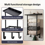 Towel Rack Wall Mounted Shelf Bathroom Storage Holder With Hooks Black | Black