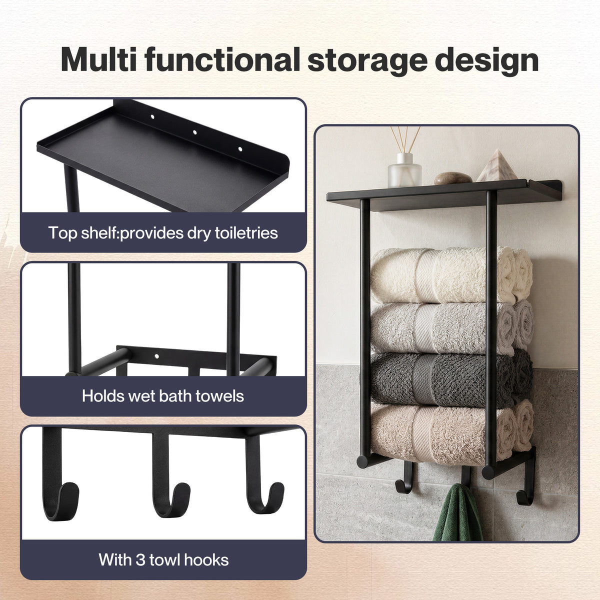 Towel Rack Wall Mounted Shelf Bathroom Storage Holder With Hooks Black | Black