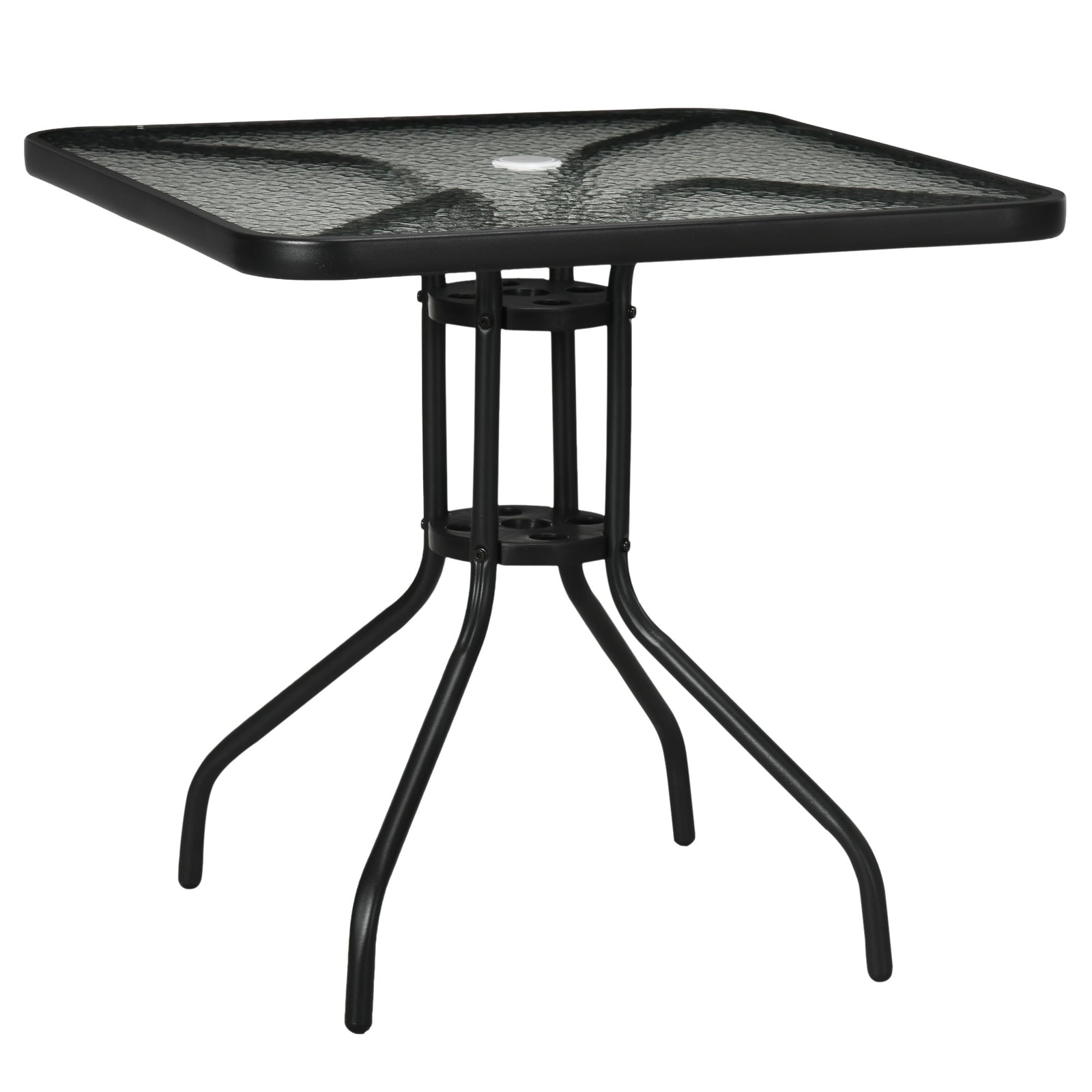 Square Patio Table, 76x76cm Glass Top W/ Umbrella Hole