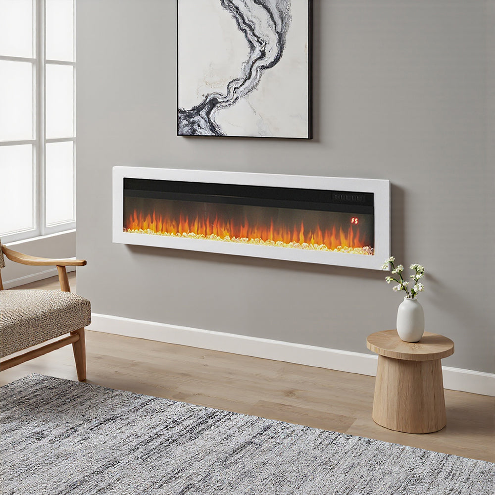 50-inch White Electric Fireplace, Wall Mounted/recessed Heater With 12-colour Flame & Freestanding Legs