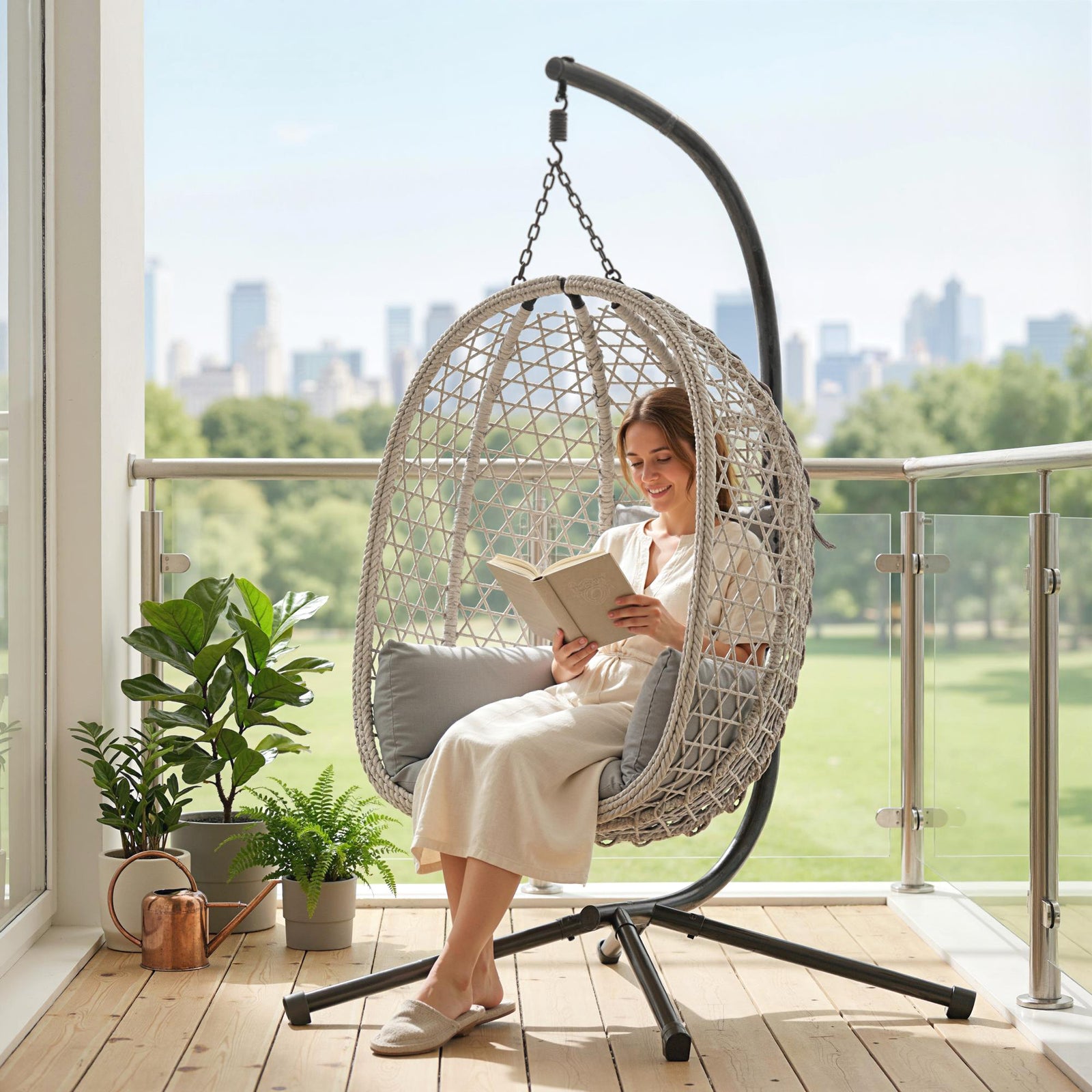 Hanging Egg Chair, Rattan Swing Chair With Stand | Light Grey