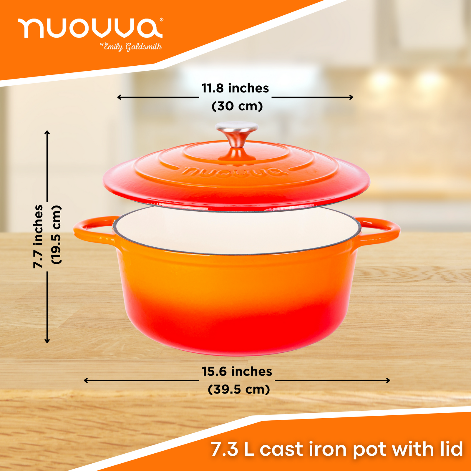 Cast Iron Dutch Oven Casserole Pot With Lid - 30cm (6.9l) | Orange