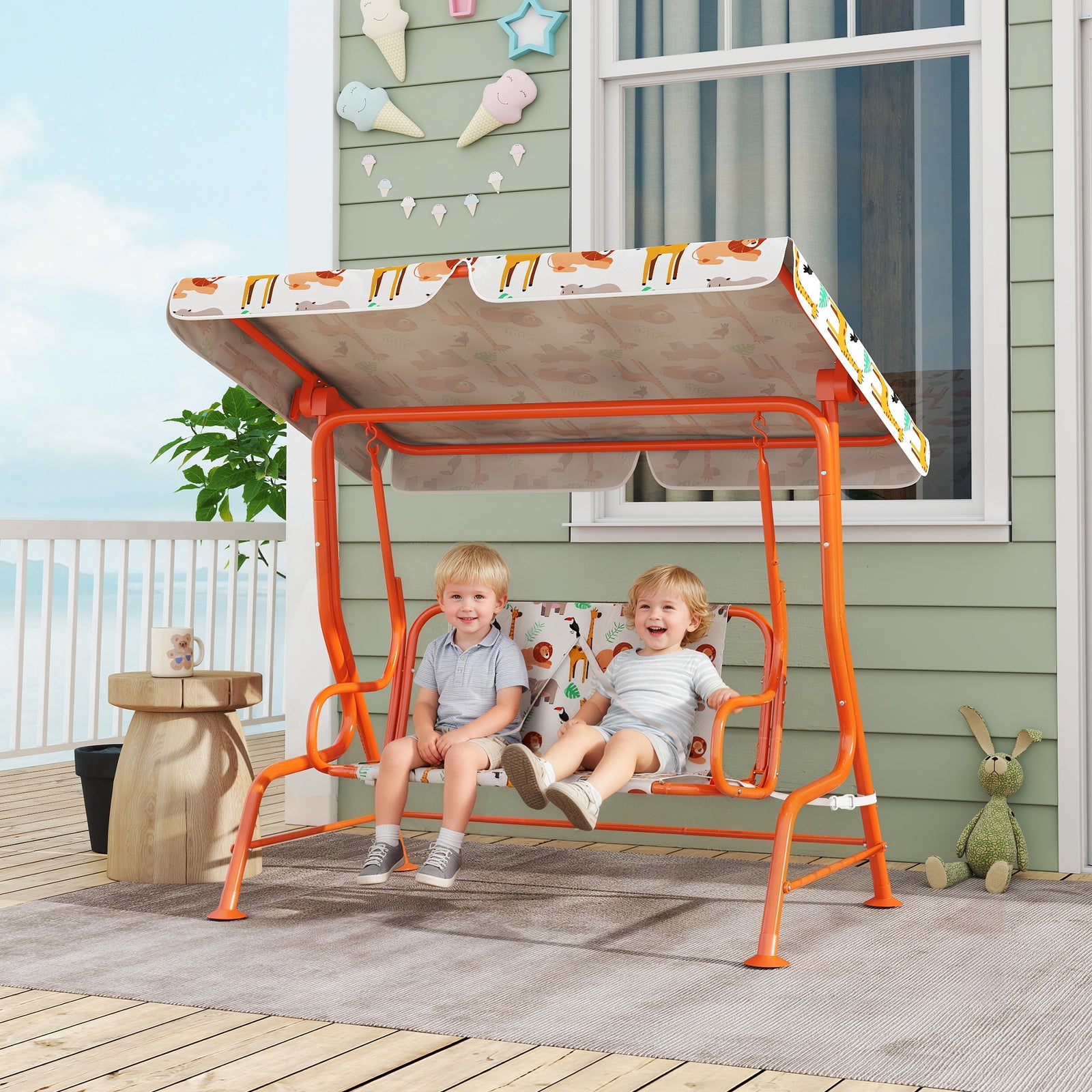 Kids Porch Swing With Seat Belts, Adjustable Canopy, Orange