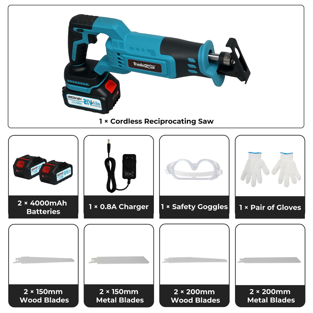 Cordless Reciprocating Saw Set For Wood Metal 2 Battery Safety Goggle | Blue