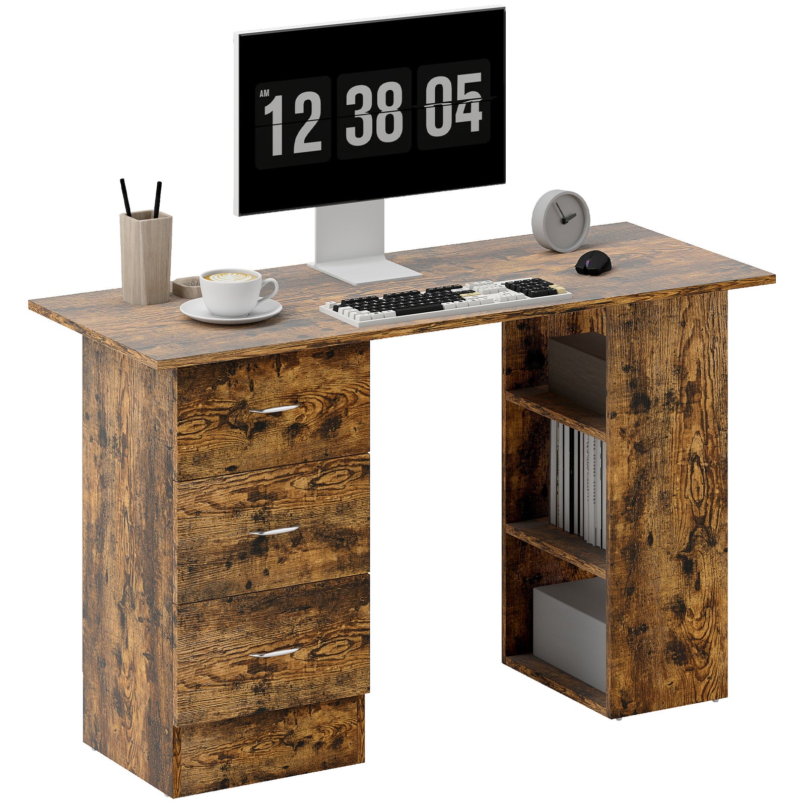 120cm Computer Desk, Study Table With 3 Shelf & Drawers | Brown