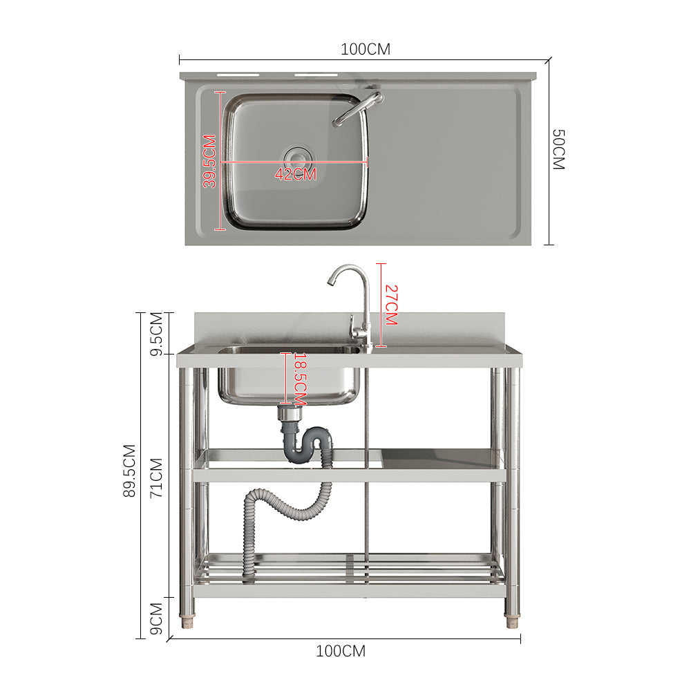 100cm W X 50cm D X 89.5cm H Bathroomdeco Stainless Steel One Compartment Sink With Shelves
