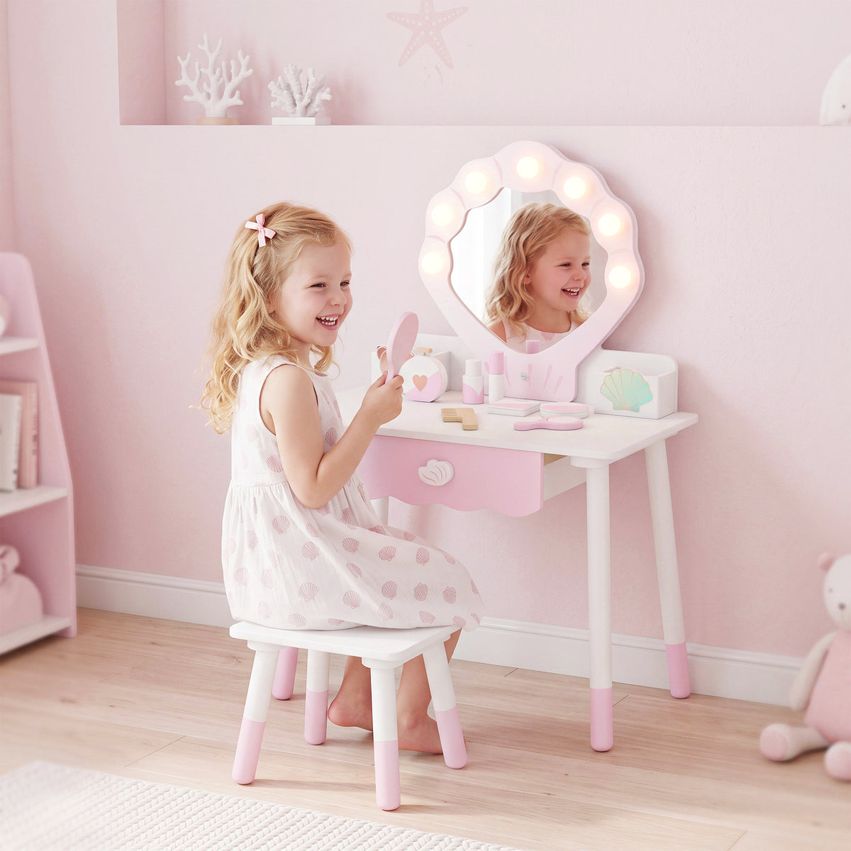 AIYAPLAY Kids Vanity Set With Chair, Acrylic Mirror, Lighted Bulbs, Pink