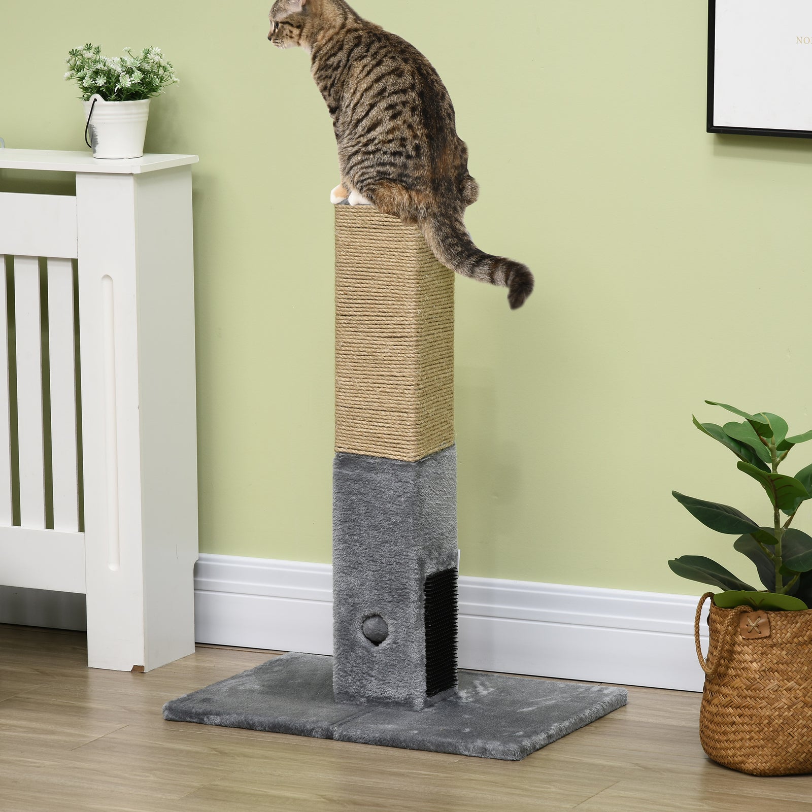 Cat Scratching Post Scratcher Climber W/ Carpet Base Hanging Toy | Gray
