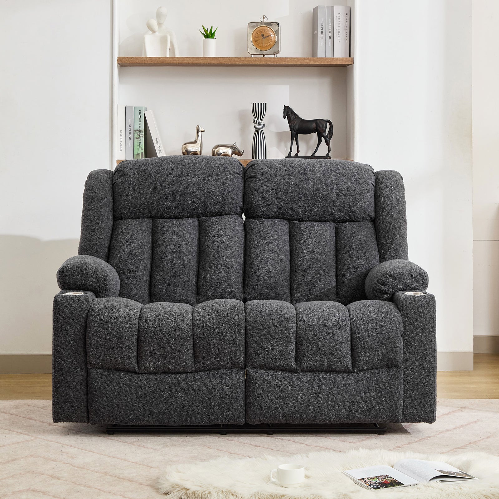 Lovell 2 Seat Manual Recliner Sofa With Cup Holders | Dark Grey