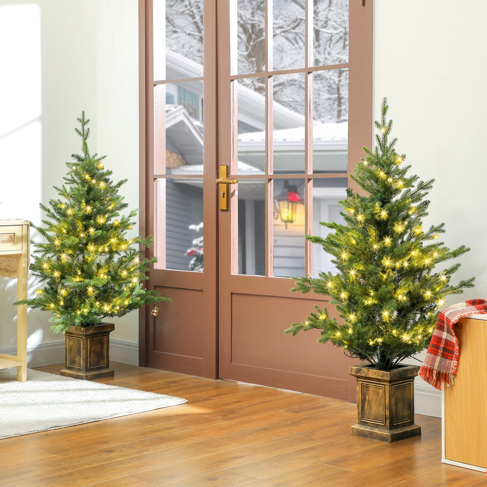 2 Pcs 4ft Artificial Christmas Tree With Lights, Pot, Realistic Tips