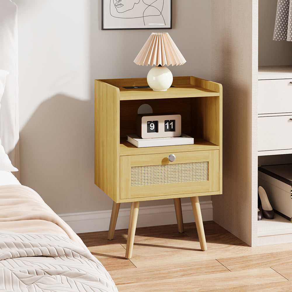 Wooden Nightstand With Charging Station, Bedside Table With Drawer And Open Shelf
