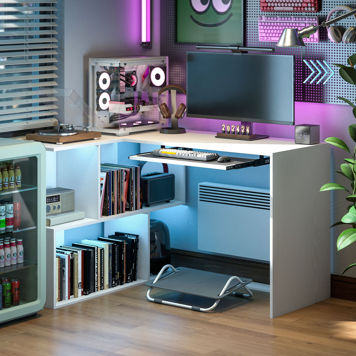 L-shaped Corner Desk With Keyboard Tray And Open Shelves, White