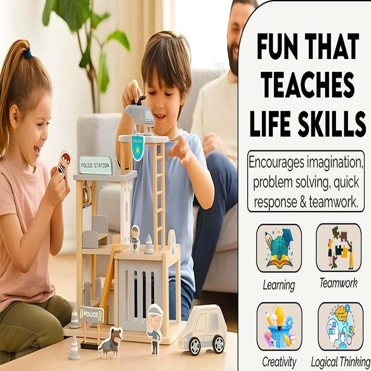 Kids Wooden Police Station Playset 3 Tier Dollhouse Role Play Pretend Toy Educational