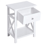 Side Table Nightstand For Bedroom With Drawer & Bottom Shelf | White