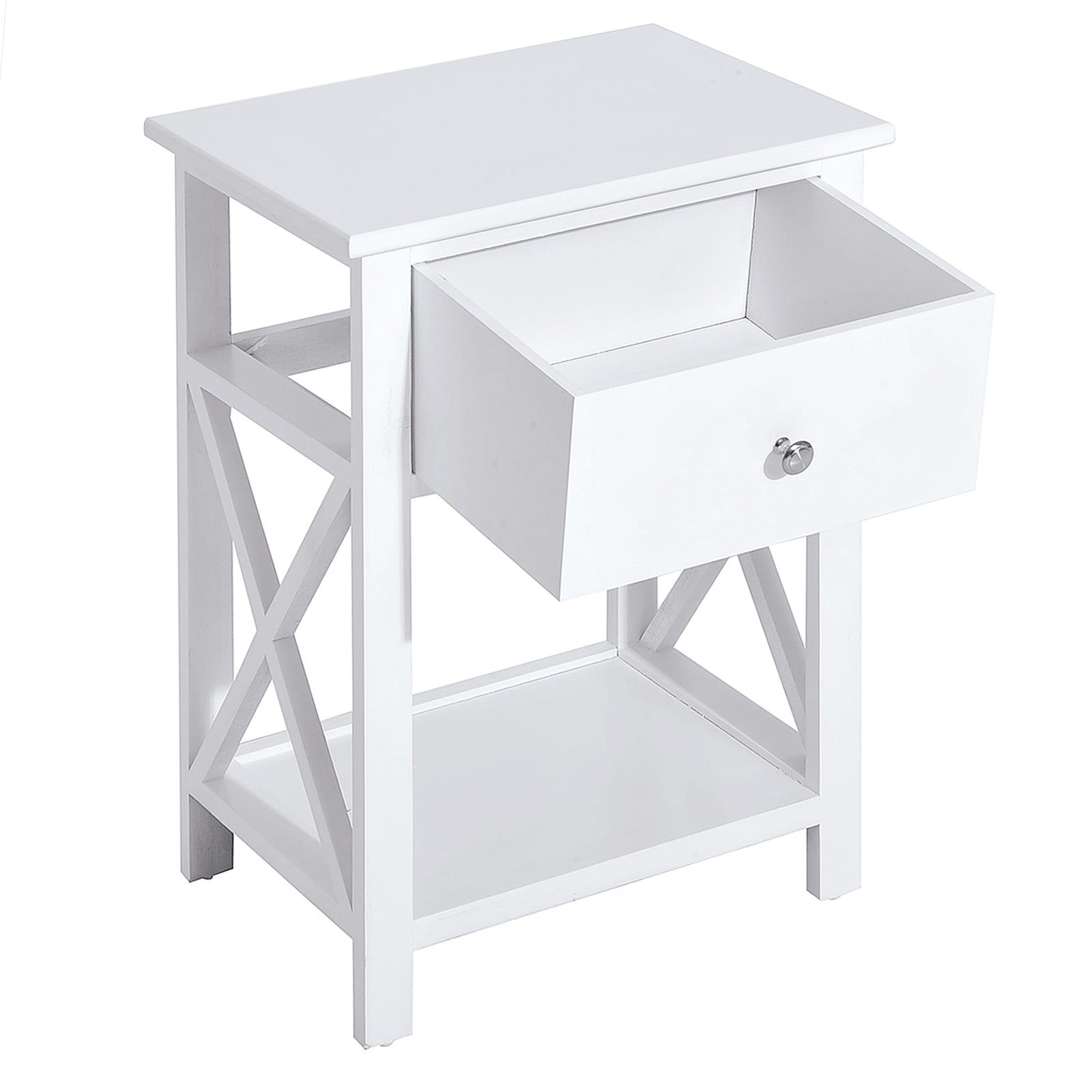 Side Table Nightstand For Bedroom With Drawer & Bottom Shelf | White