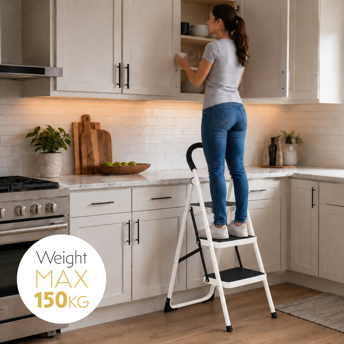 Step Ladder Premium Heavy-duty Steel Folding Step Stool 150kg Capacity | 3 Step | White