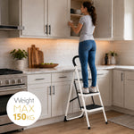 Step Ladder Premium Heavy-duty Steel Folding Step Stool 150kg Capacity | 3 Step | White