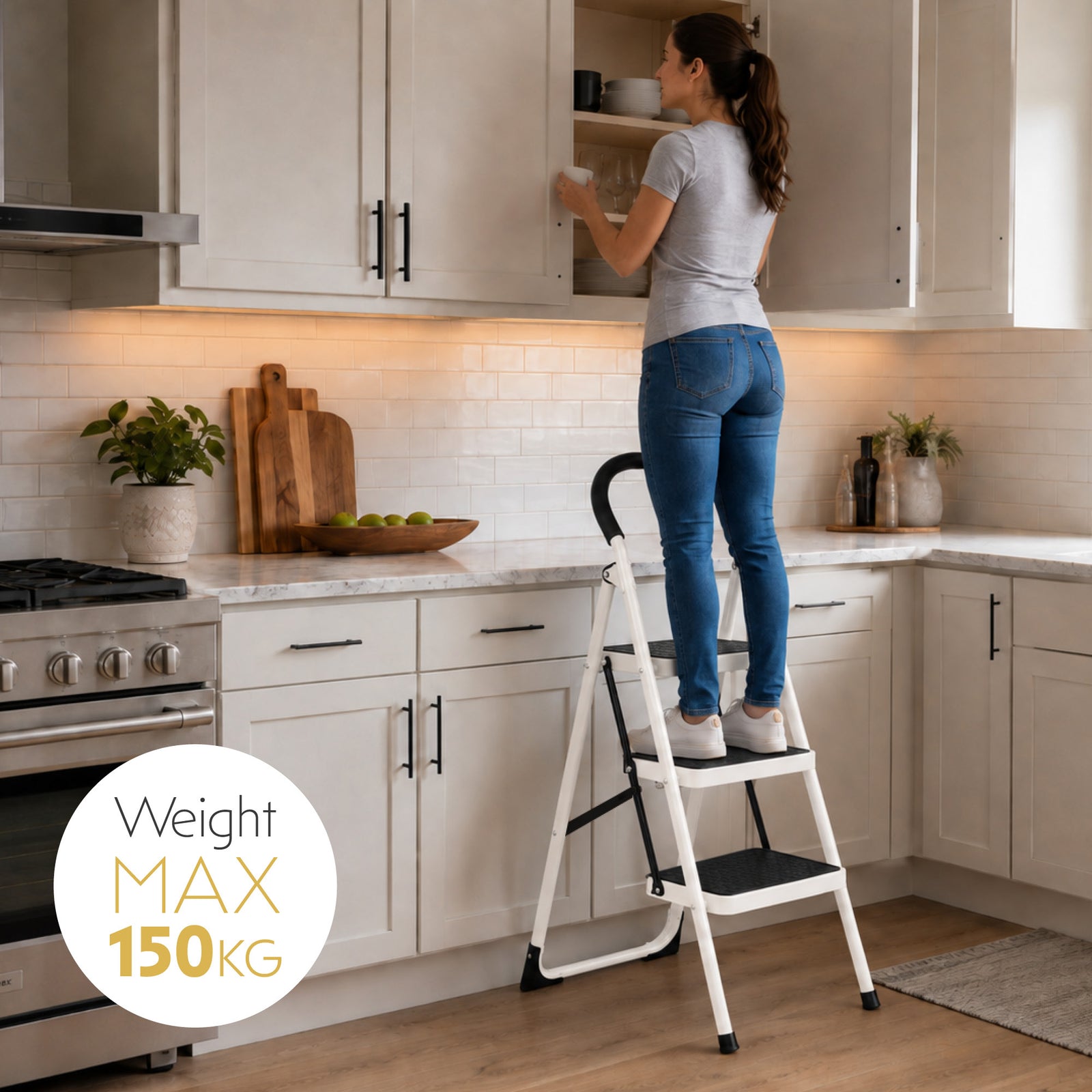 Step Ladder Premium Heavy-duty Steel Folding Step Stool 150kg Capacity | 3 Step | White