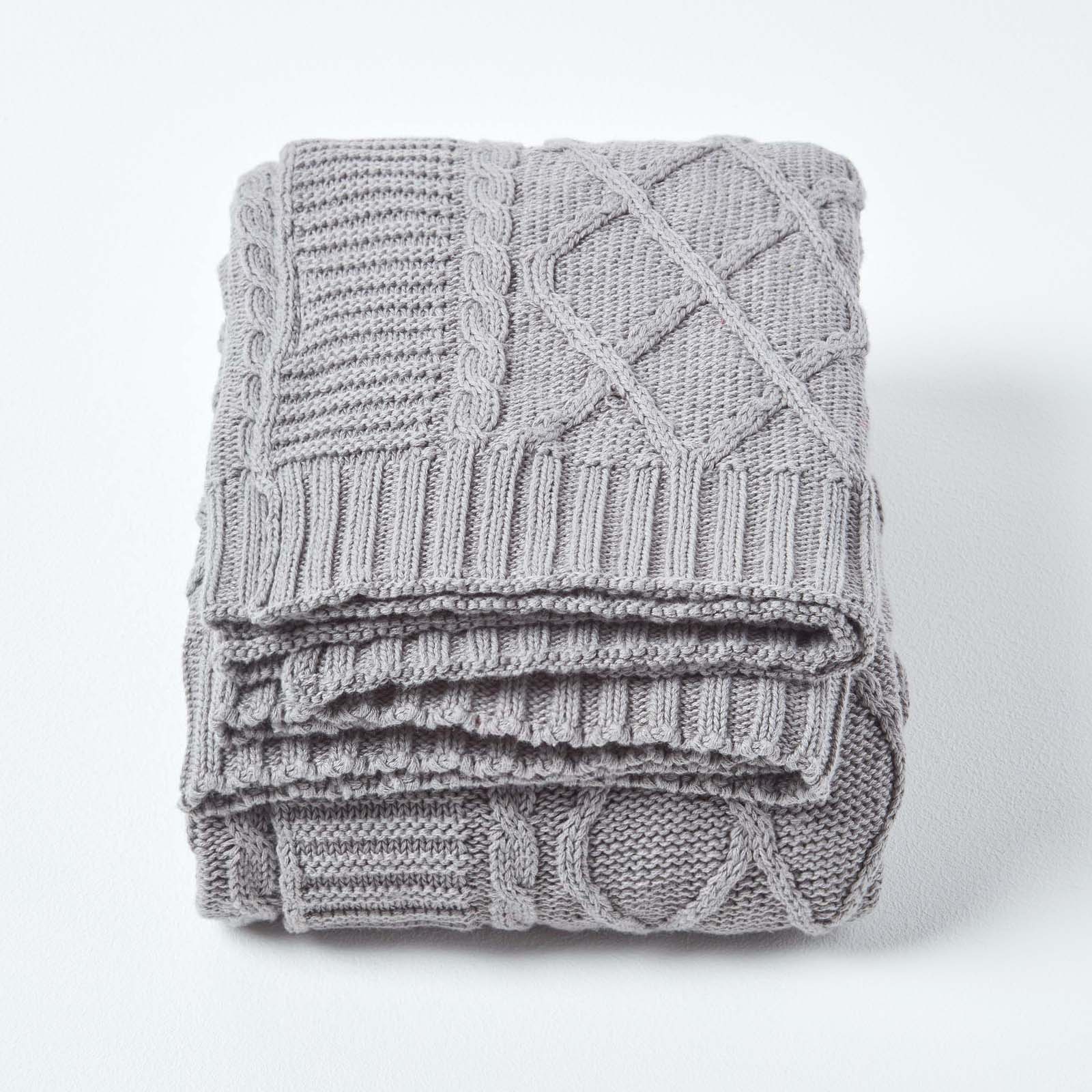 Cable Knit Diamond Pattern Cotton Throw | 130cm x 170cm | Grey