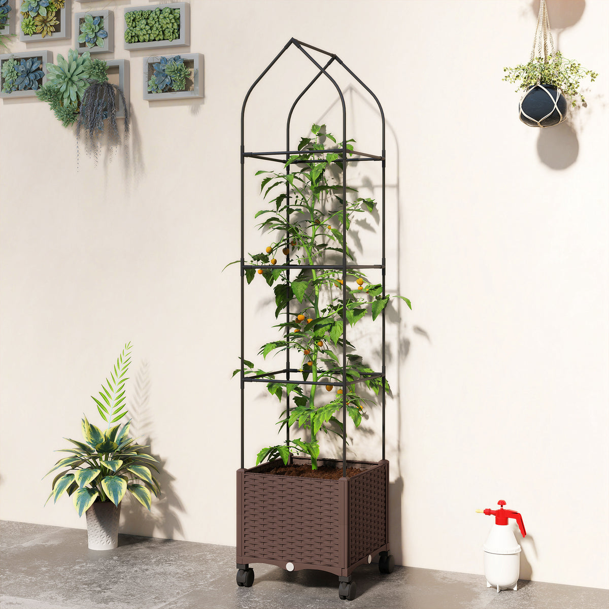 Outsunny Raised Garden Bed Tomato Cage With Trellis, Drainage Holes, Brown