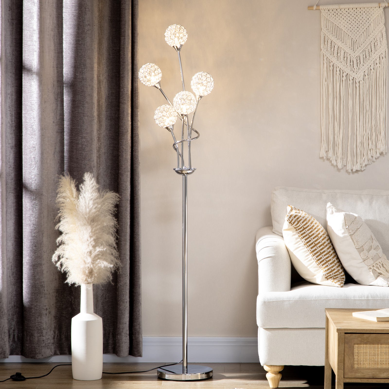 Modern Floor Lamp With K9 Crystal Shade 5 Light | One Size | Silver