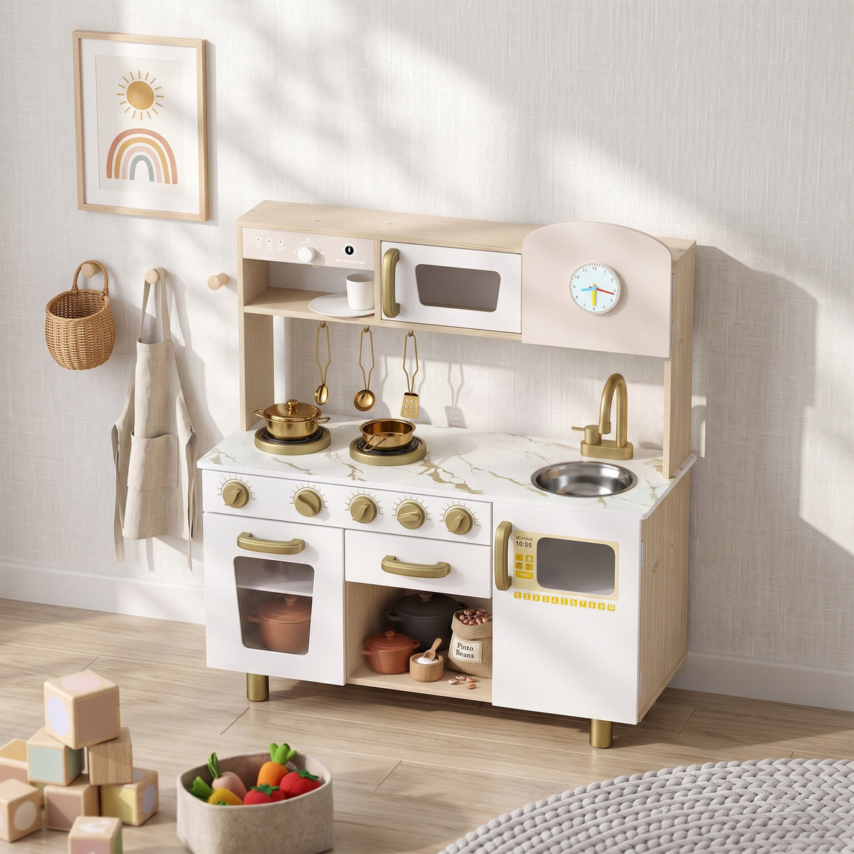 AIYAPLAY Kids Kitchen Playset With Rotating Coffee Machine For 3-6 Y, White