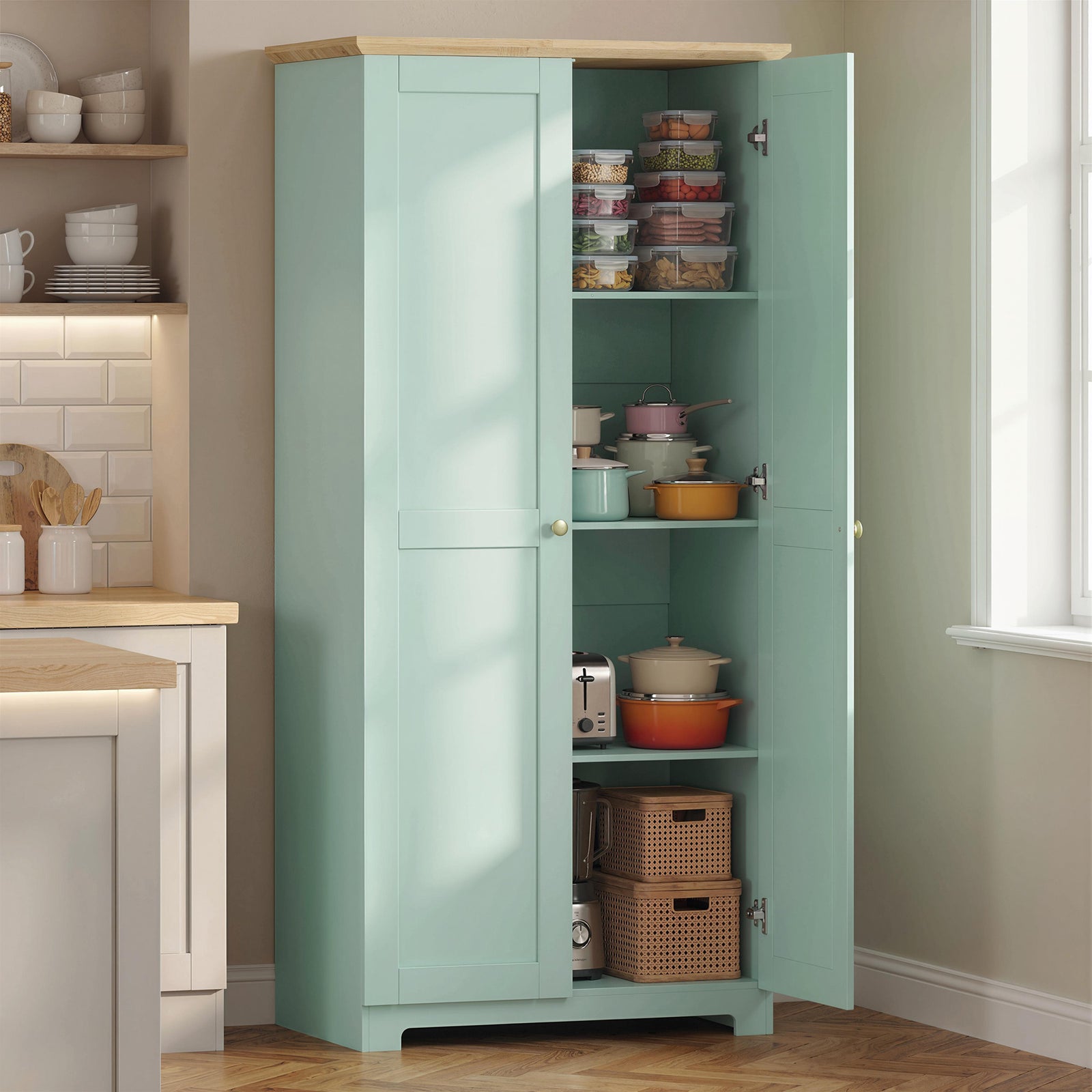 172cm Wooden Storage Cabinet Cupboard With 4 Shelves | Light Green