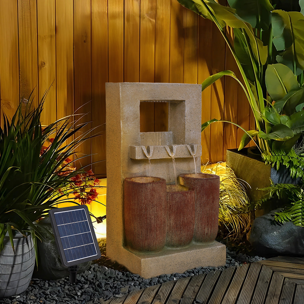 Solar-powered Outdoor Water Fountain With Led Lights, Cascading Water Design, Resin Garden Décor