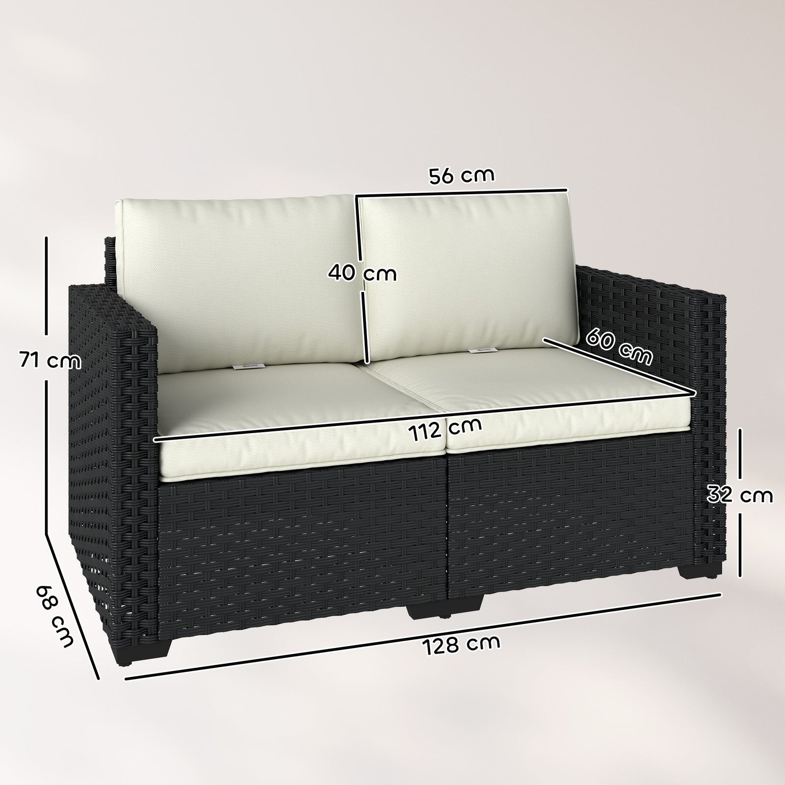2 Seater Rattan Garden Sofa With Deep Seat, Wide Arms | Black