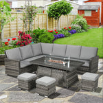 7 Pieces Rattan Set W/ Gas Fire Pit Table Grey