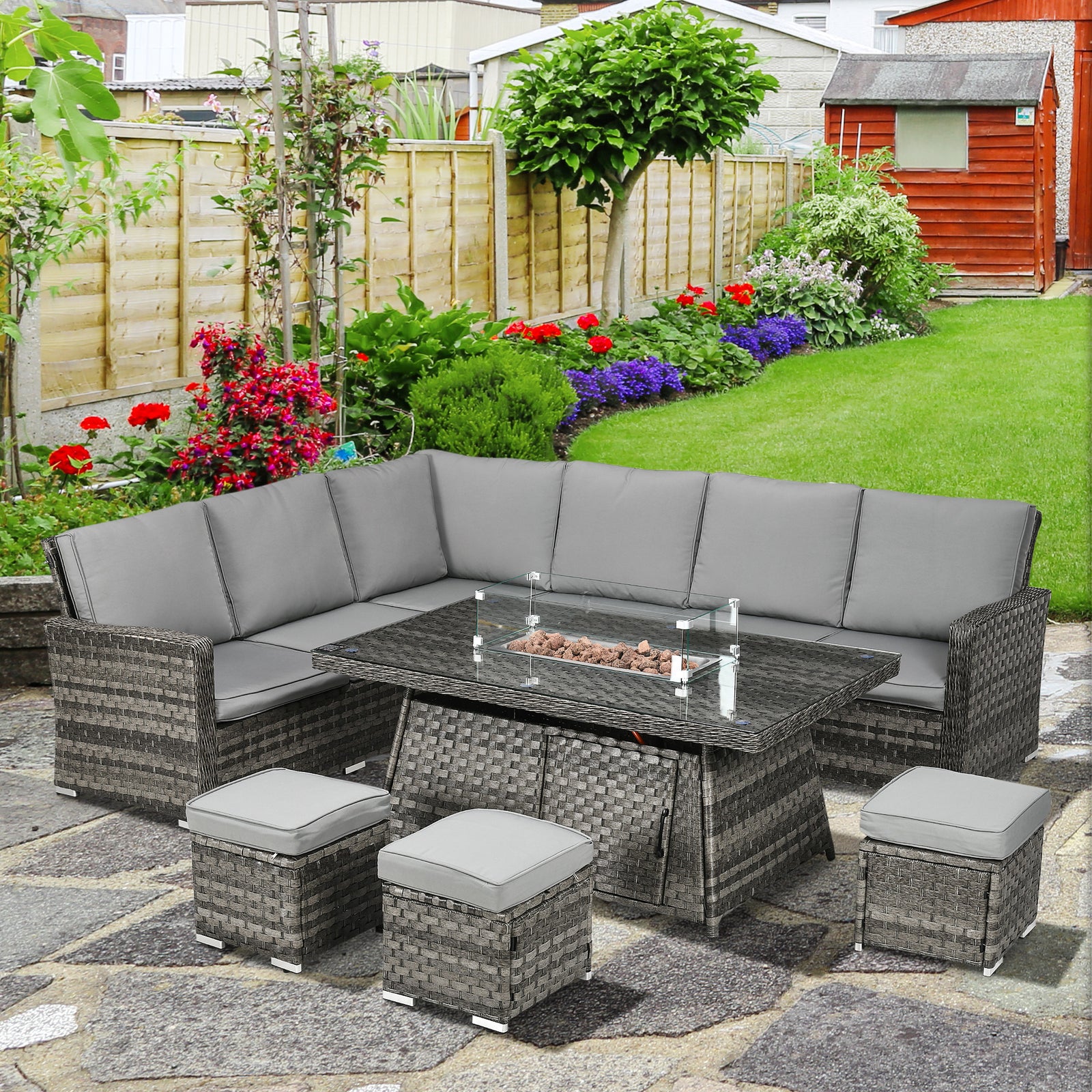 7 Pieces Rattan Set W/ Gas Fire Pit Table Grey