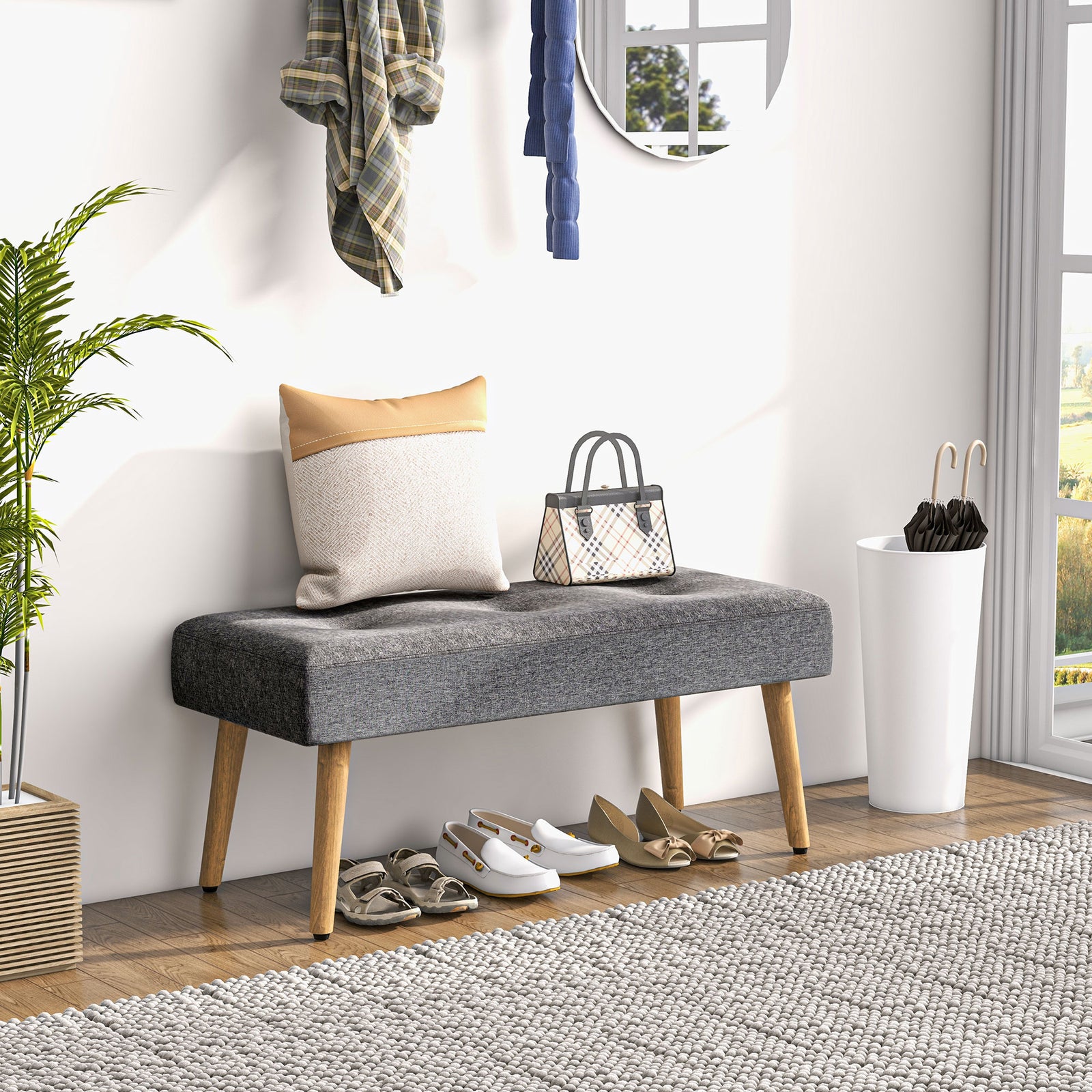 Upholstered Bed End Bench Ottoman Tufted Linen Entryway