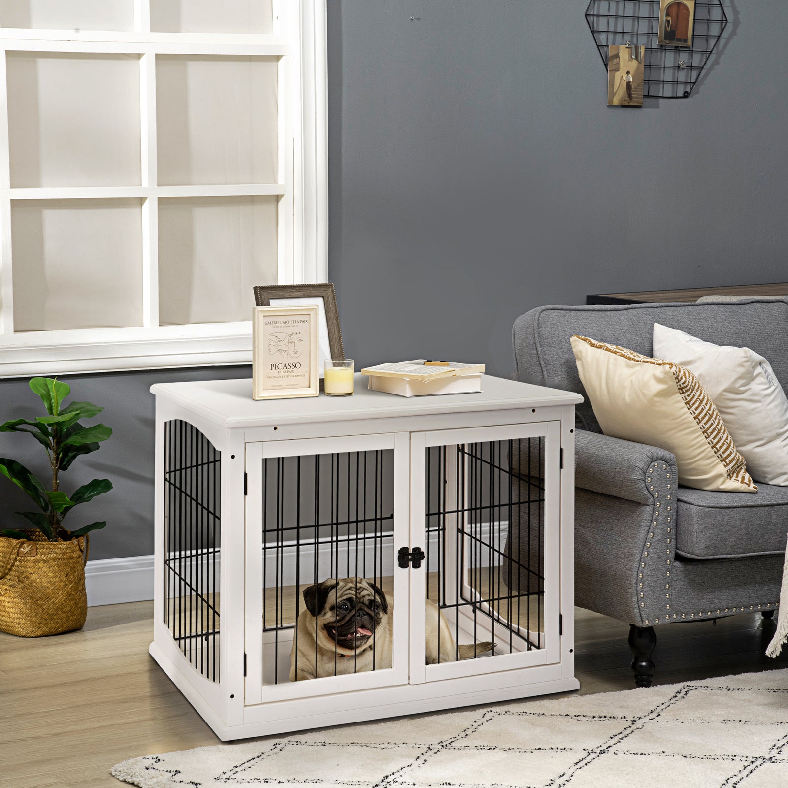 Indoor Cat Box Furniture W/ Scratch Magnetic Door | White