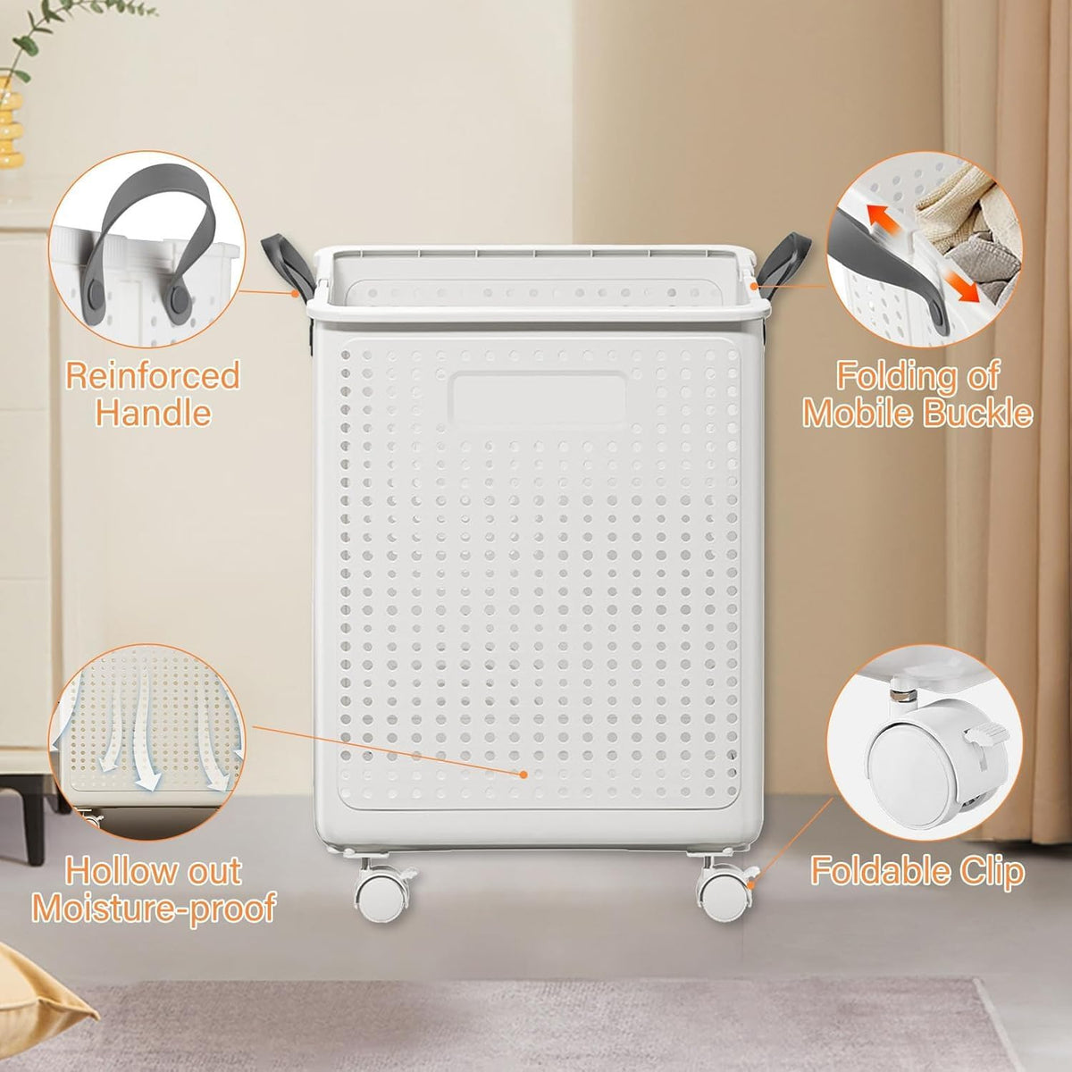 Foldable Laundry Basket 42l Large Heavy Duty Laundry Hamper On Wheels Fold Away | White