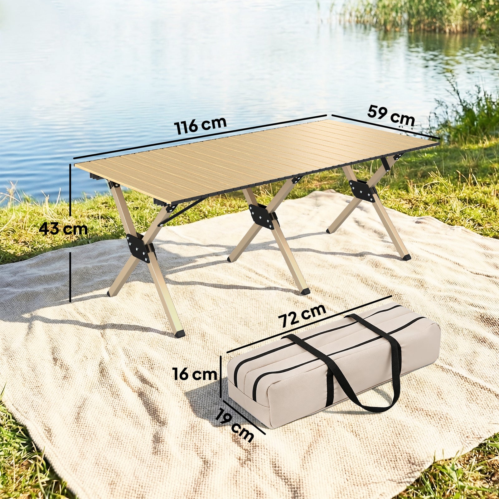4ft Folding Camping Table, Picnic Table With Roll Up Top, Carrying Bag | Dark Brown