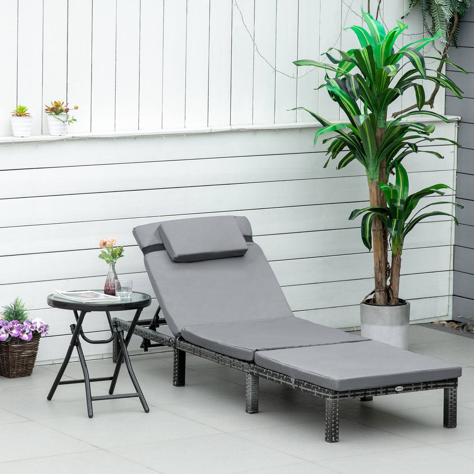 Rattan Reclining Sun Lounger With Cushion | Charcoal Gray