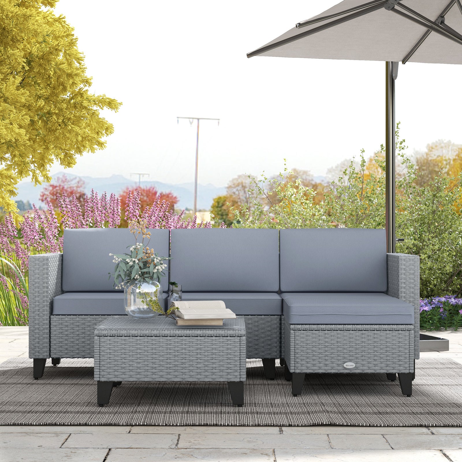 Rattan Garden Furniture Set W/ Corner Sofa, Table, Cushion | Gray