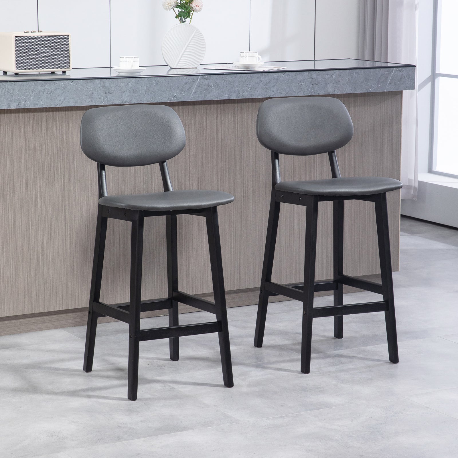 Breakfast Bar Stools Set W/ Pu Leather Wood | Dark Gray