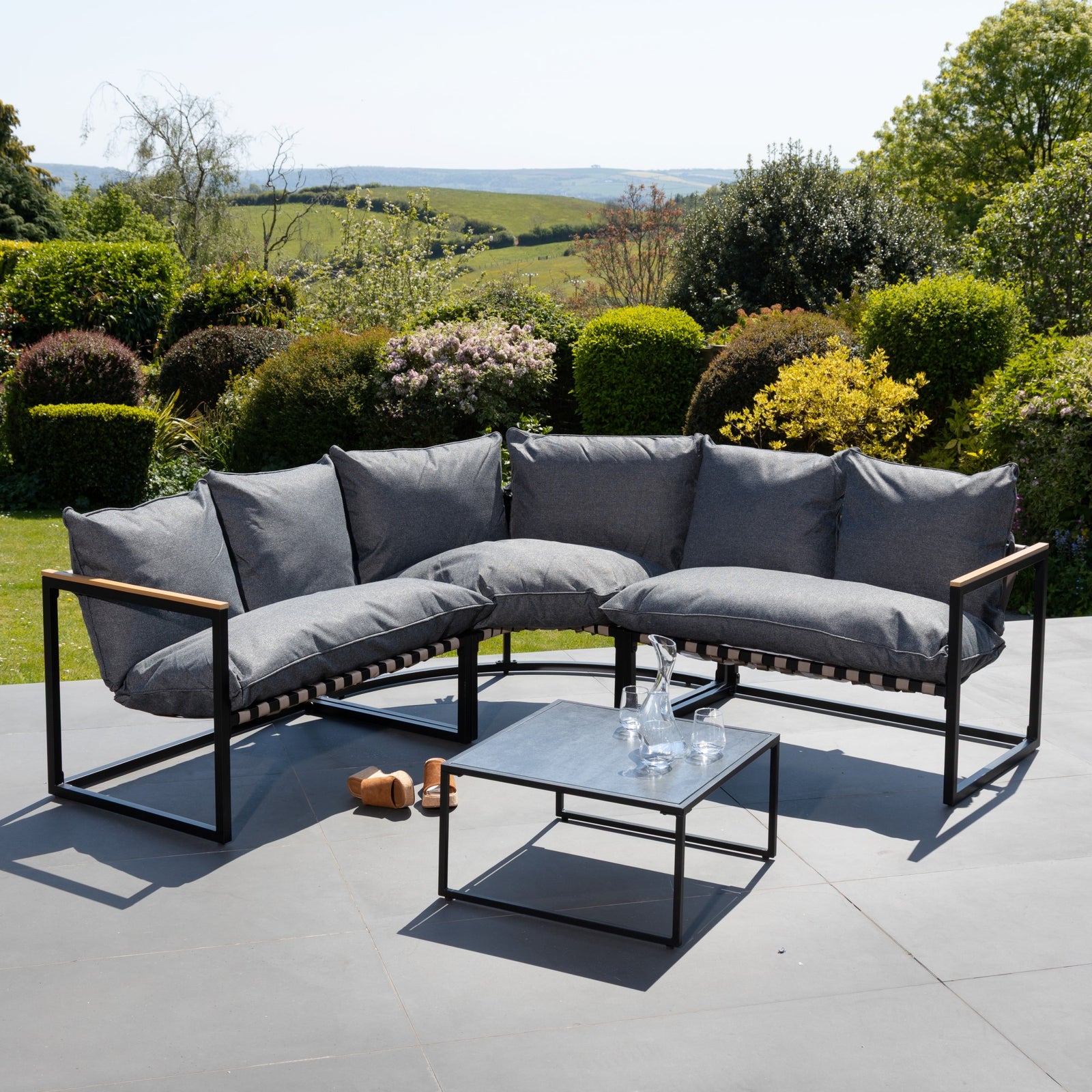Bosque Black & Grey Garden Corner Sofa + Table