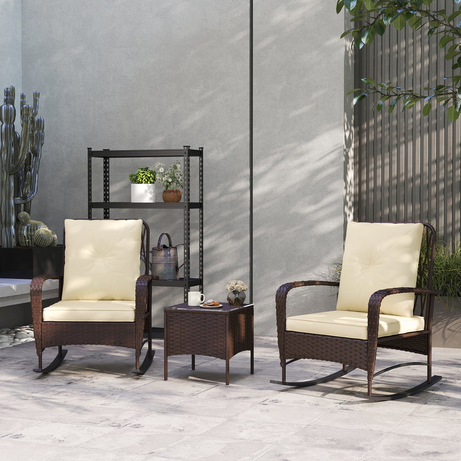 Rattan Bistro Set Balcony Furniture With Rocking Chairs | Brown