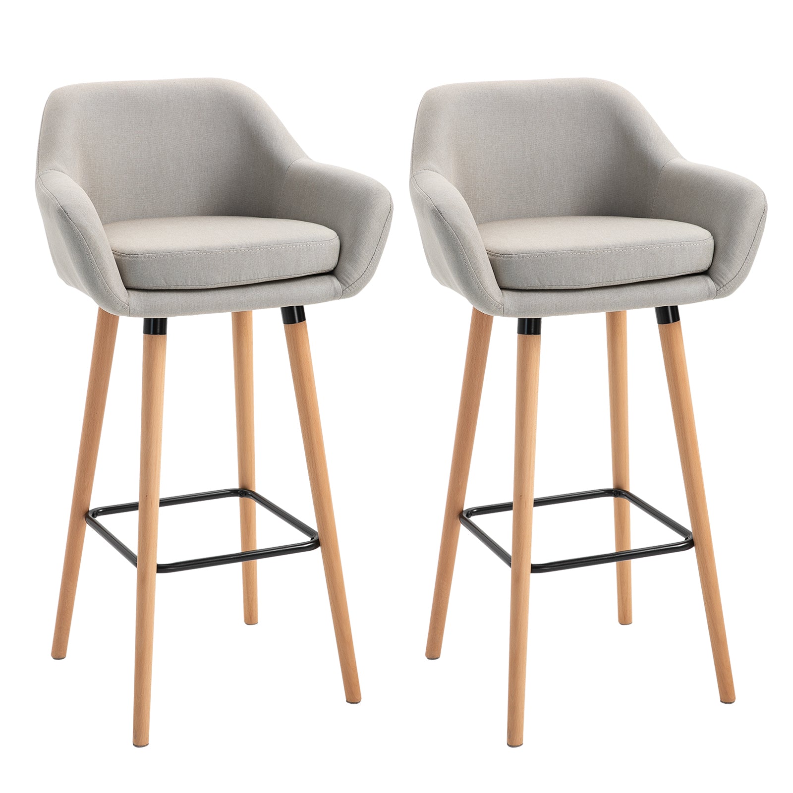 Upholstered Bucket Seat Bar Stools W/ Wood Legs | Beige